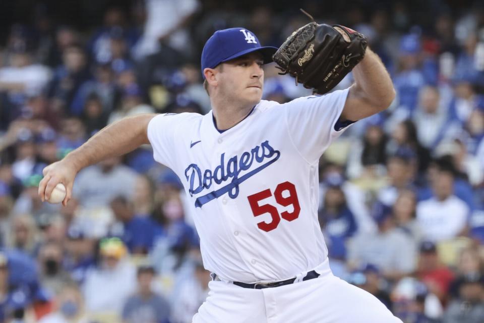 Dodgers pitcher Evan Phillips delivers a pitch during Game 3 of the 2021 NLCS.