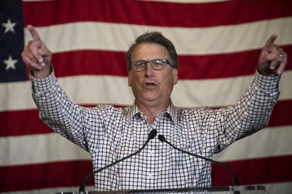 Republican candidate for U.S. Senate, former Gov. Pat McCrory delivers a concession speech to supporters, Tuesday, May 17, 2022, in Charlotte, N.C. (AP Photo/Matt Kelley)