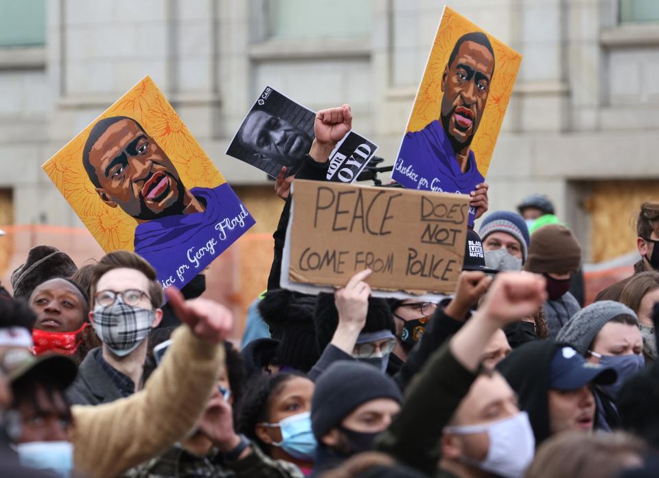 People react after the verdict was read in the Derek Chauvin trial on April 20, 2021, In Minneapolis. Former police officer Derek Chauvin was on trial on second-degree murder, third-degree murder and second-degree manslaughter charges in the death of George Floyd on May 25, 2020. After video was released of then-officer Chauvin kneeling on Floyd's neck for more than nine minutes, protests broke out across the U.S. and around the world. The jury found Chauvin guilty on all three charges.