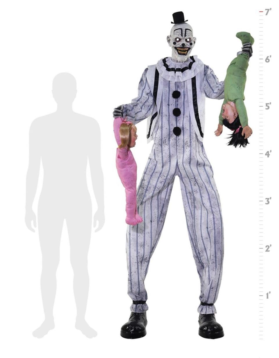 Clowning Around scary clown animatronic from Spirit Halloween, size comparison chart. 