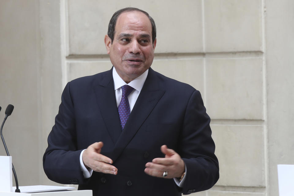 FILE - In this Dec. 7, 2020, file photo, Egyptian President Abdel Fattah el-Sissi speaks during a joint press conference with French President Emmanuel Macron at the Elysee palace in Paris. Egypt’s president arrived in Sudan on Saturday, March 6, 2021, his first visit to the country since a popular uprising led to the military’s overthrow of longtime autocrat Omar al-Bashir in 2019.(AP Photo/Michel Euler, File)