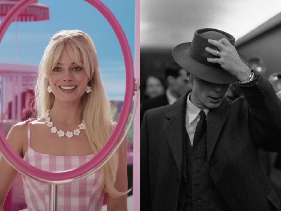 A split image of the “Barbie” and “Oppenheimer” movies.