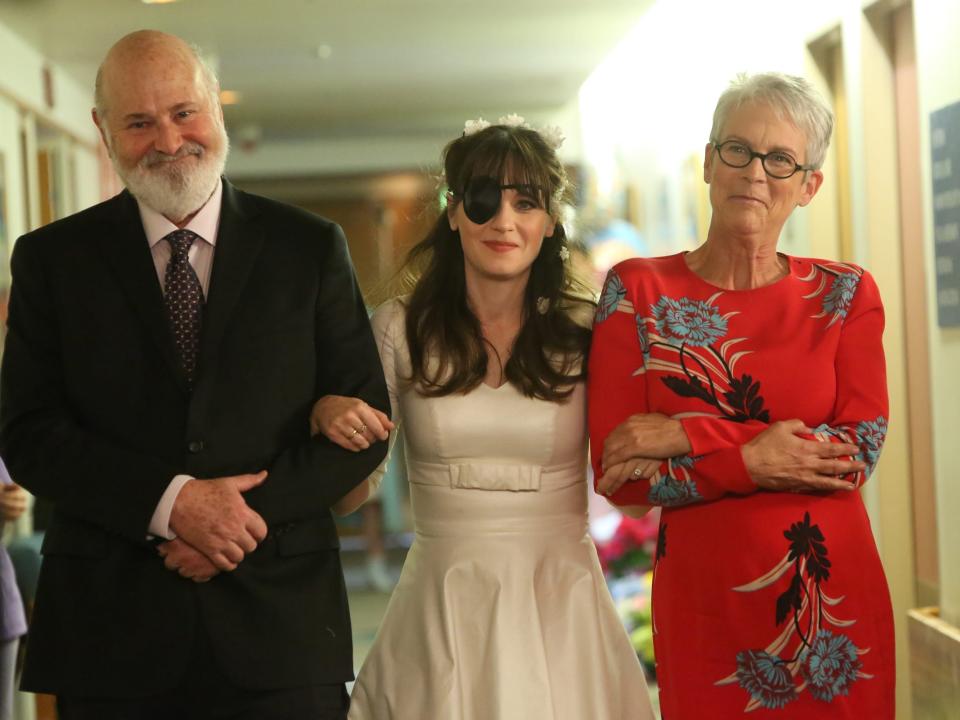 Zooey Deschanel with guest stars Rob Reiner and Jamie Lee Curtis on season seven of "New Girl."