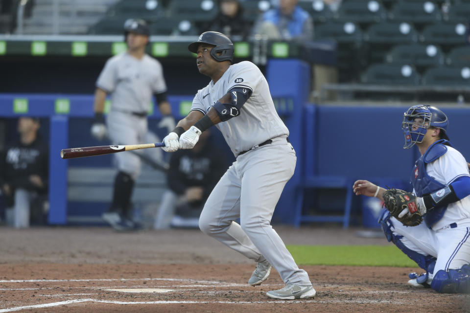 BUFFALO, NEW YORK - JUNE 15: Chris Gittens #92 of the New York Yankees hits a home run during the fourth inning against the Toronto Blue Jays at Sahlen Field on June 15, 2021 in Buffalo, New York. (Photo by Joshua Bessex/Getty Images)