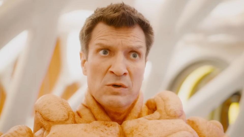 Nathan Fillion in his bubble organic suit looking surprised in Guardians of the Galaxy Vol. 3 cameo