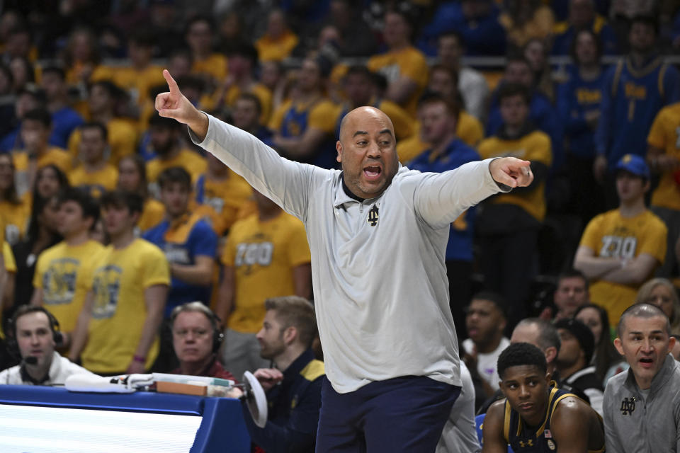 Notre Dame head coach Micah Shrewsberry reacts during the first half of an NCAA college basketball game against Pittsburgh, Saturday, Feb. 3, 2024, in Pittsburgh. (AP Photo/Barry Reeger)