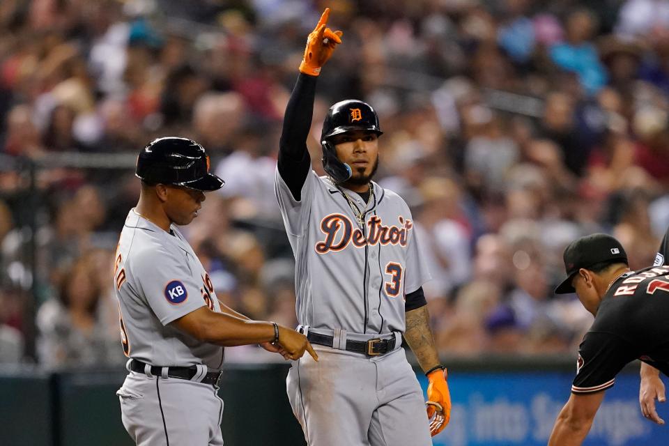Tigers first baseman Harold Castro motions to his dugout after hitting an RBI triple during the fourth inning on Saturday, June 25, 2022, in Phoenix.