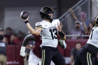 Vanderbilt quarterback AJ Swann (13) throws a pass against Alabama during the first half of an NCAA college football game Saturday, Sept. 24, 2022, in Tuscaloosa, Ala. (AP Photo/Vasha Hunt)