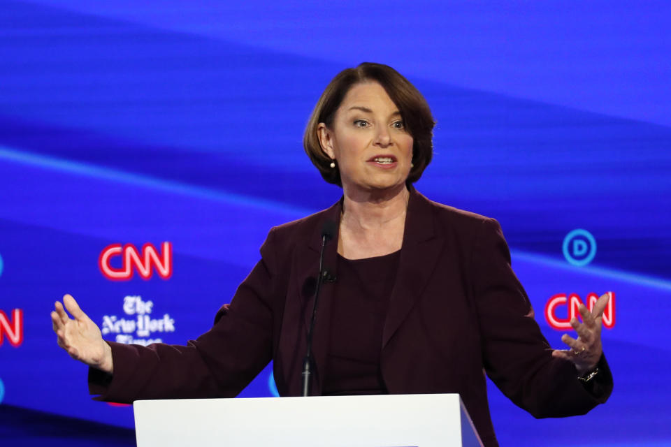 Democratic presidential candidate Sen. Amy Klobuchar, D-Minn., participates in a Democratic presidential primary debate hosted by CNN/New York Times at Otterbein University, Tuesday, Oct. 15, 2019, in Westerville, Ohio. (AP Photo/John Minchillo)