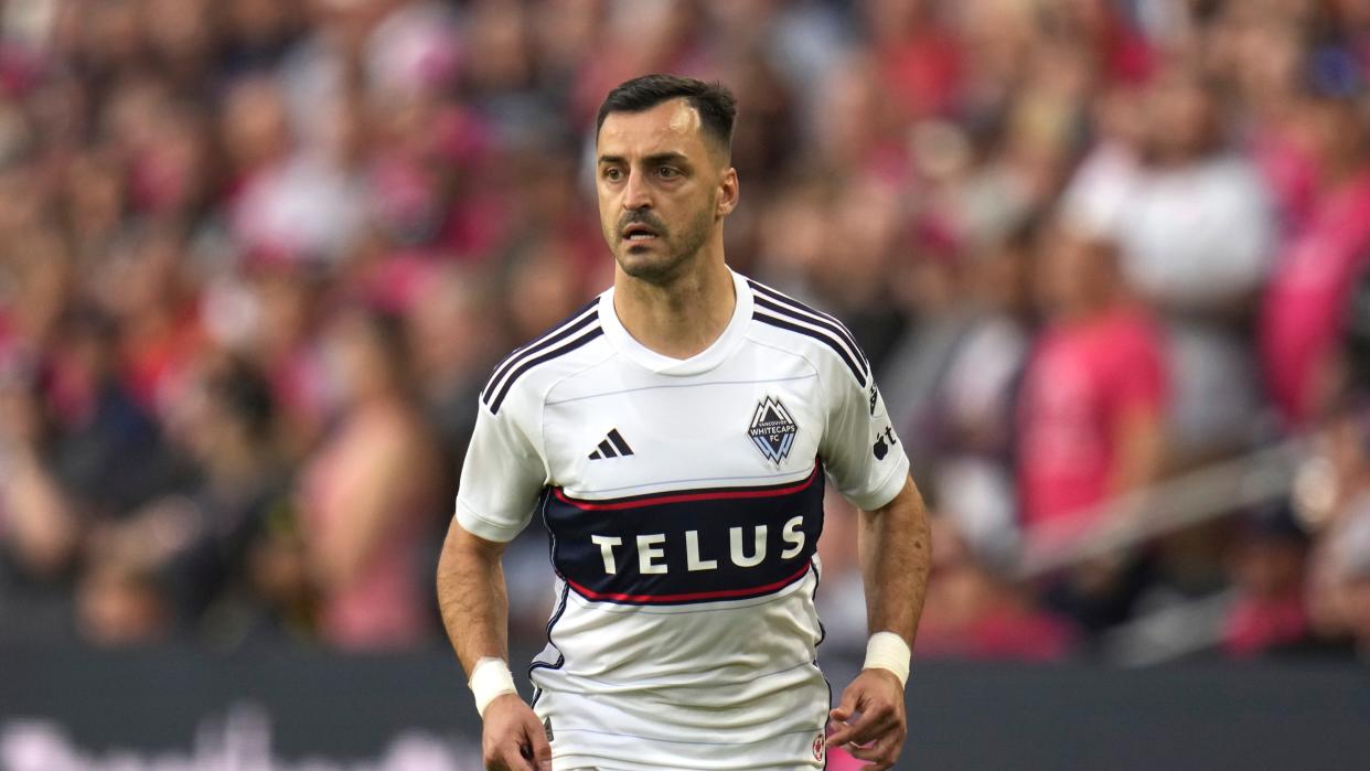 Vancouver Whitecaps' Luis Martins in action during the first half of an MLS soccer match against the St. Louis City Saturday, May 27, 2023, in St. Louis. (AP Photo/Jeff Roberson)