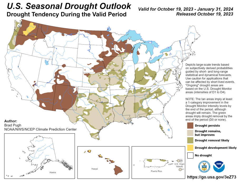 The U.S. Drought Outlook map for November 2023 through January 2024 predicts drought improvement in the South, lower Mississippi Valley, Texas and parts of the Midwest. Drought is likely to persist in portions of the desert Southwest, in parts of the Pacific Northwest eastward along the northern tier to the Great Lakes, and across Hawaii. Drought development is expected in the interior Pacific Northwest. (Image credit: NOAA)