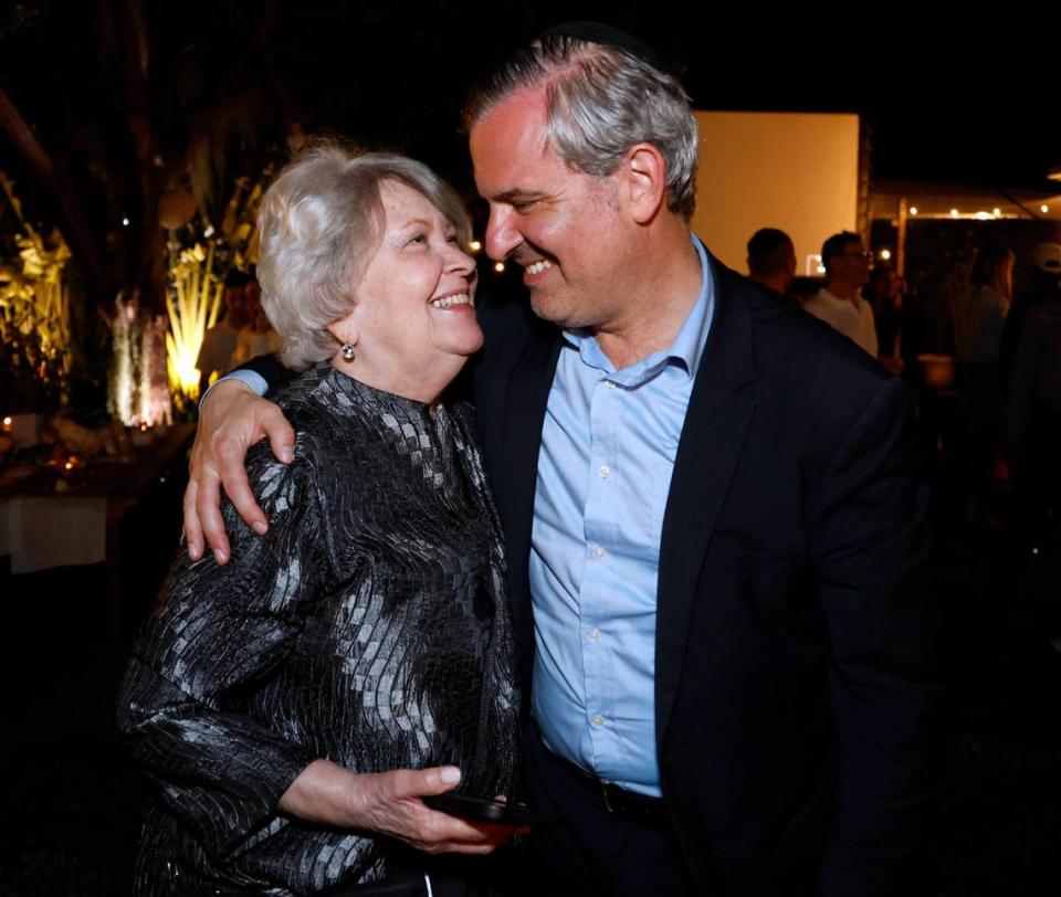 Miami Beach mayoral candidate Steven Meiner is congratulated by his mother Dorothy Weiss during his election night watch party at a Miami Beach private residence on Tuesday, November 7, 2023. Meiner received the most votes of the four candidates for mayor and will face former commissioner Michael Gongora in a runoff.