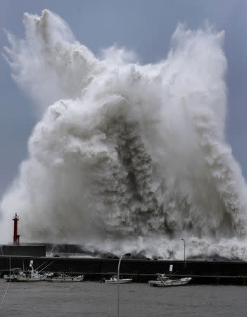 High waves triggered by Typhoon Jebi are seen at a fishing port in Aki, Kochi Prefecture, western Japan, in this photo taken by Kyodo September 4, 2018. Mandatory credit Kyodo/via REUTERS