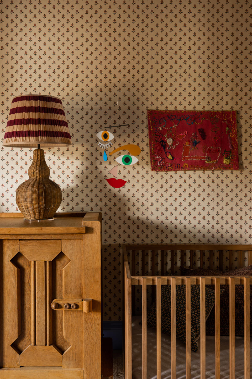 red and ivory wallpaper with small repeat pattern