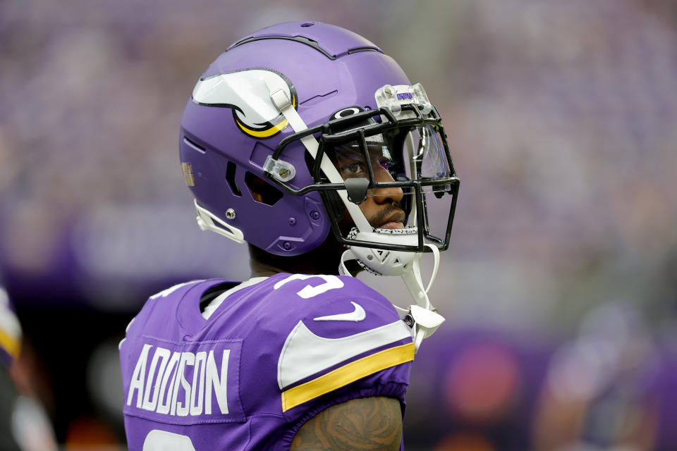 Minnesota Vikings wide receiver Jordan Addison warms up prior to an NFL preseason football game against the Arizona Cardinals, Saturday, Aug. 26, 2023, in Minneapolis. (AP Photo/Bruce Kluckhohn)