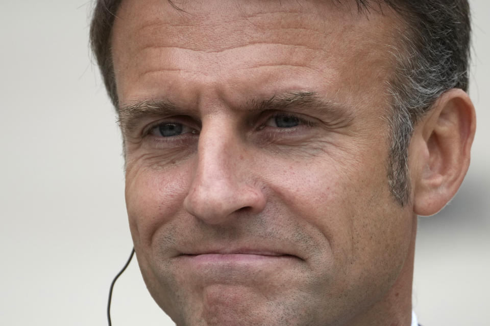 French President Emmanuel Macron listens to Portugal's Prime Minister Luís Montenegro before a working lunch, Wednesday, June 19, 2024 at the Elysee Palace in Paris. Earlier this month, President Emmanuel Macron dissolved the lower house of France's parliament in a surprise announcement sending voters back to the polls, after his party was handed a humbling defeat by the far-right in the European elections. (AP Photo/Thibault Camus)