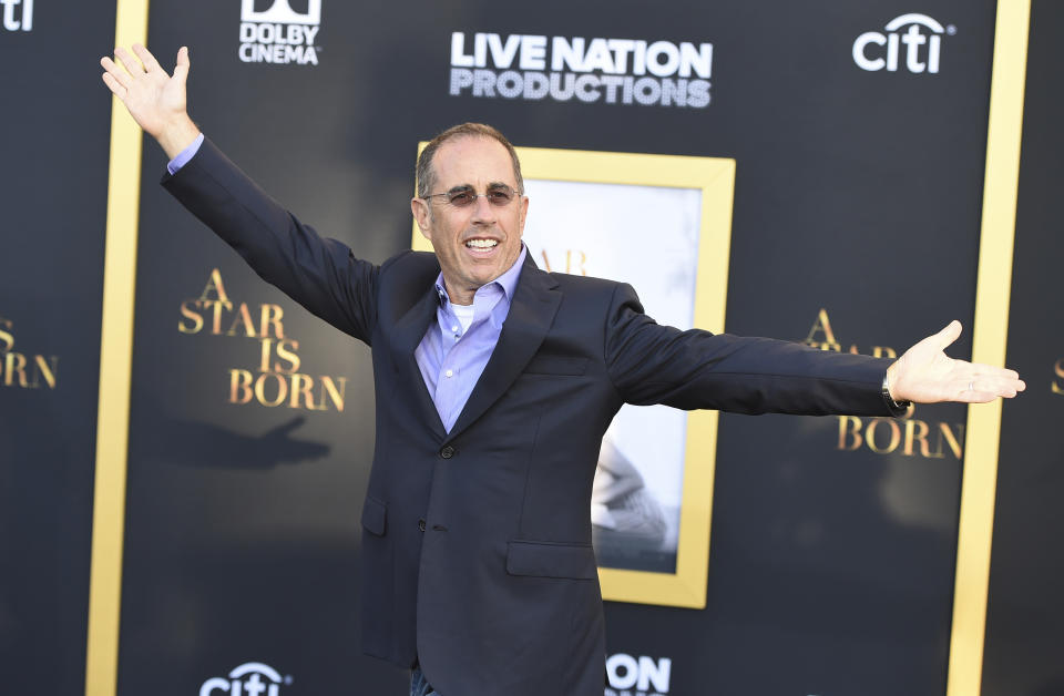 FILE - Jerry Seinfeld arrives at the Los Angeles premiere of "A Star Is Born" on Monday, Sept. 24, 2018, at the Shrine Auditorium. Seinfeld turns 69 on April 29. (Photo by Jordan Strauss/Invision/AP, File)