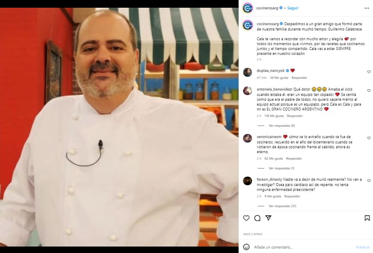 Cocineros argentinos despidió a Guillermo Calabrese en las redes