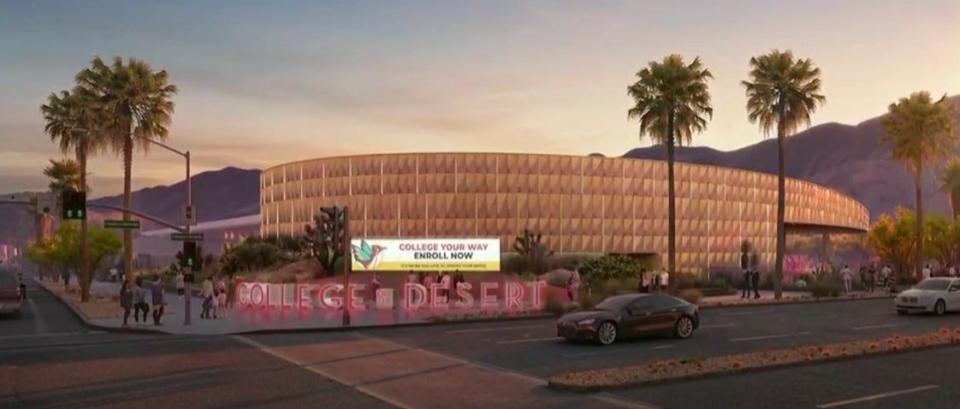 A rendering showing the events center that is planned for College of the Desert's west campus in Palm Springs as viewed from the corner of Farrell Drive and Tahquitz Canyon Way. The rendering was shown during a presentation given by College of the Desert President Laura Hope to the Palm Springs City Council on Thursday, Jan. 25, 2024.