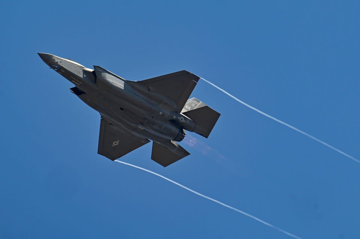 A US Air Force’s (USAF) fifth-generation supersonic multirole F-35 fighter jet flies past during a flying display on the second day of the 14th edition of Aero India 2023 at the Yelahanka Air Force Station in Bengaluru (AFP via Getty Images)