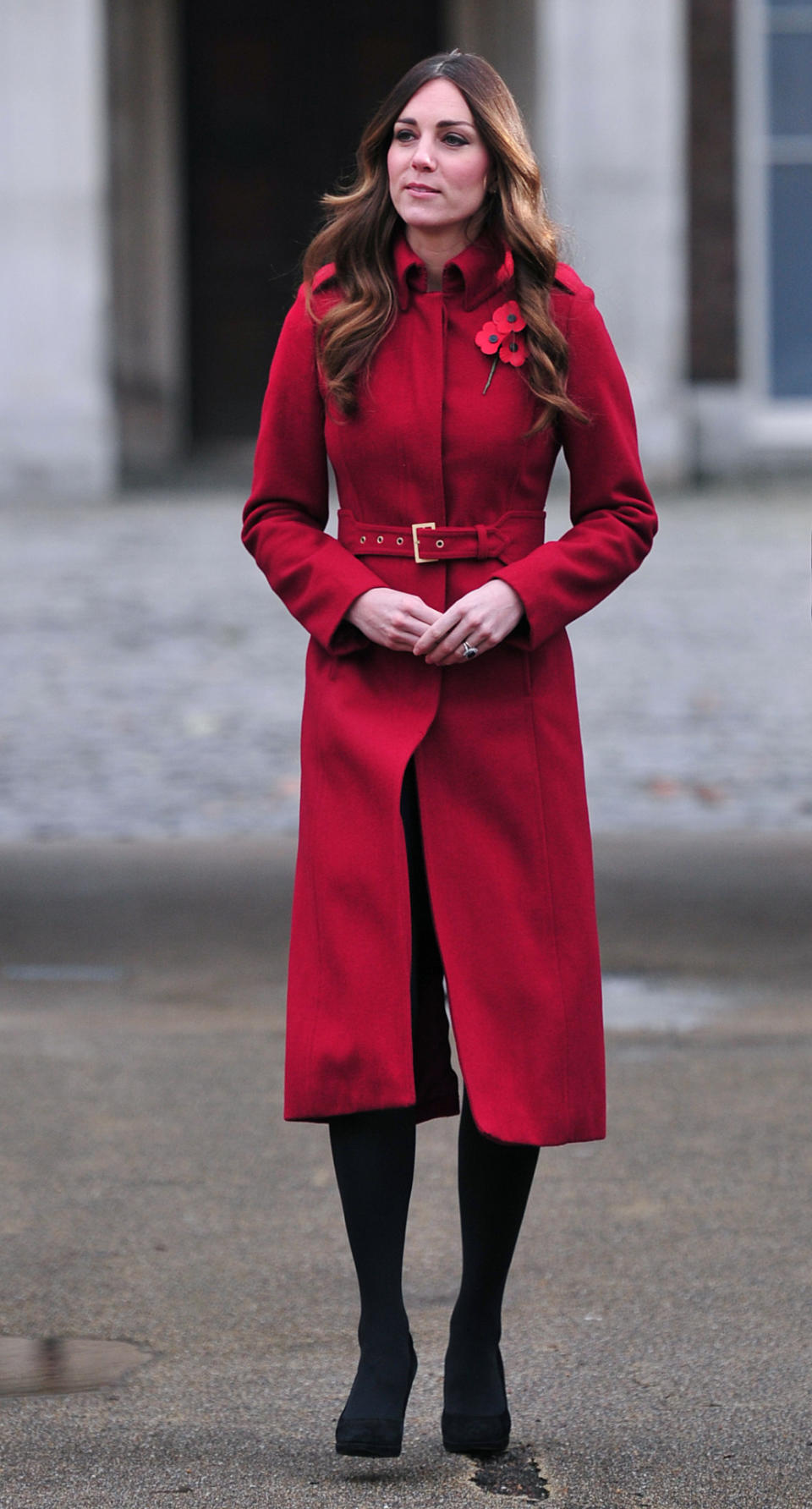 <p>Kate was in all-red for a Poppy Day charity event. She wore a belted coat from L.K. Bennett with black Episode heels. </p><p><i>[Photo: PA]</i></p>