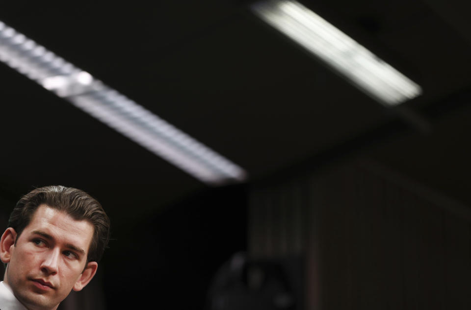 Austrian Chancellor Sebastian Kurz speaks during a media conference at the end of an EU-ASEM summit in Brussels, Friday, Oct. 19, 2018. EU leaders met with their Asian counterparts Friday to discuss trade, among other issues. (AP Photo/Francisco Seco)