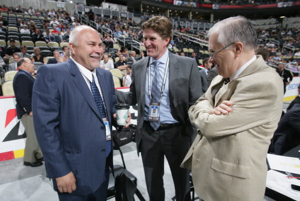 PITTSBURGH, PA - JUNE 23: Head coach Barry Trotz of the Nashville Predators, head coach Mike Babcock of the Detroit Red Wings and Senior Vice President Jim Devellano attends day two of the 2012 NHL Entry Draft at Consol Energy Center on June 23, 2012 in Pittsburgh, Pennsylvania. (Photo by Dave Sandford/NHLI via Getty Images)
