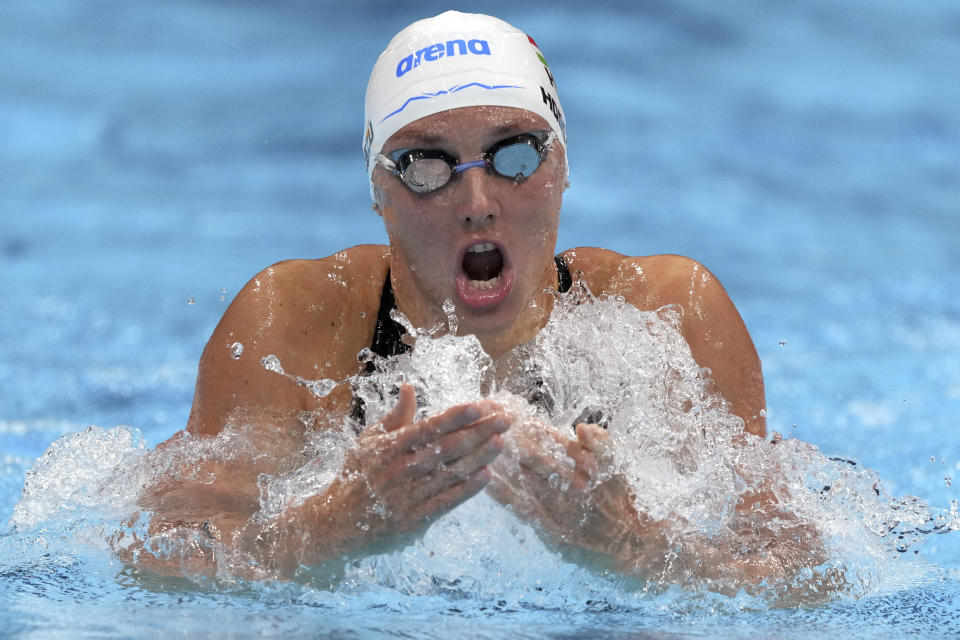 FILE - Katinka Hosszu of Hungary swims in a heat during the women's 200-meter individual medley at the 2020 Summer Olympics, July 26, 2021, in Tokyo, Japan. The world swimming championships start in Budapest on Saturday June 18, 2022. Three-time Olympic champion Hosszu will be competing in her eighth worlds and it could be her last. (AP Photo/Matthias Schrader, File)