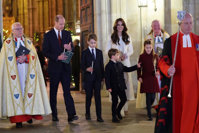 <p>Chris Jackson/Getty</p> Prince William, Kate Middleton, Prince George, Princess Charlotte and Prince Louis at Westminster Abbey on December 8, 2023