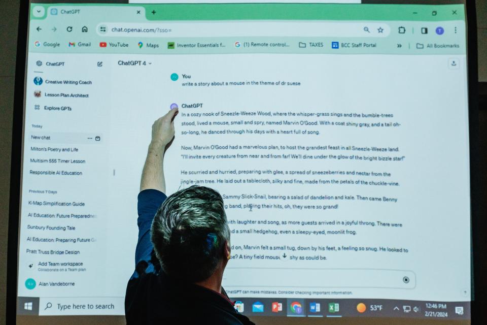 Tim Vandeborne, a teacher at Buckeye Career Center, points to a prompt fed to ChatGPT, a newly emergence artificial intelligence tool. Vandeborne teaches about AI use and implementation in various facets of study involving engineering and robotics. He and students in the class instructed the chatbot to write a story about a mouse in the theme of Dr. Seuss. Vandeborne was amazed it created an "entirely new children's book."