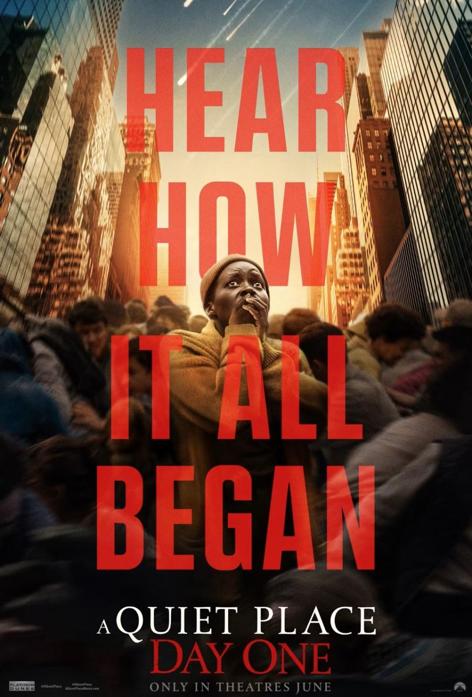 a woman holds her hands over her mouth while looking up into the sky on a crowded city street surrounded by skyscrapers