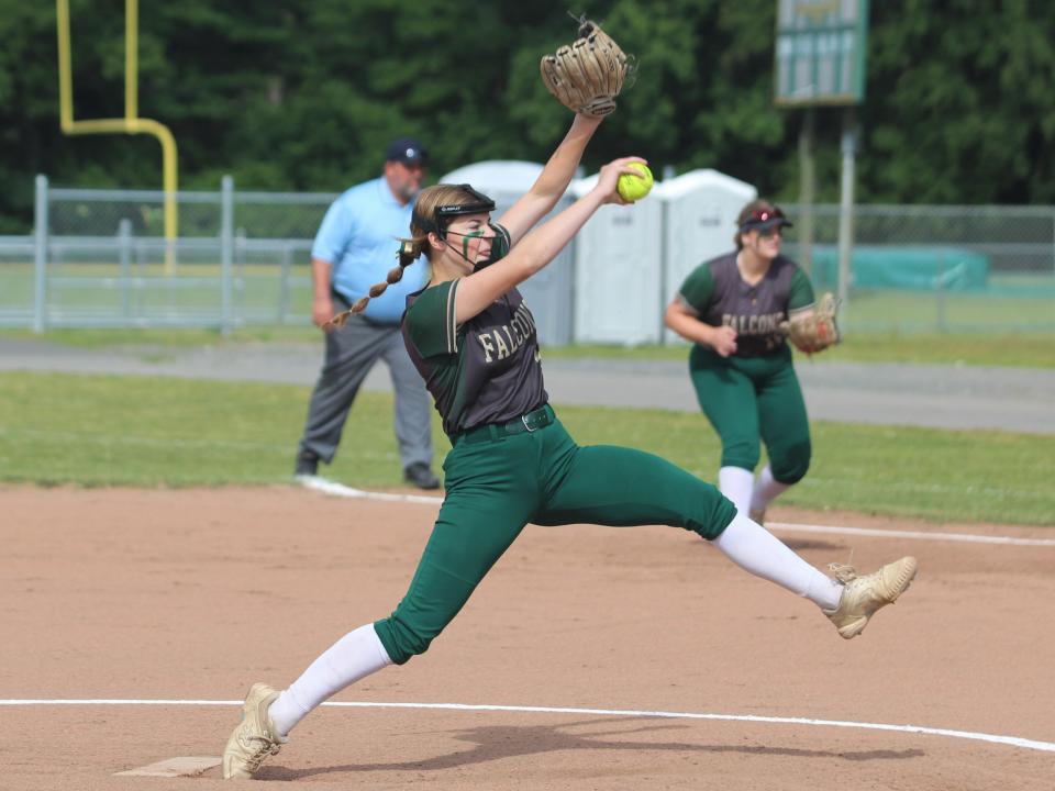 Dighton-Rehoboth's Kylie Hillier winds up during an MIAA Division III Round of Eight game against Triton.