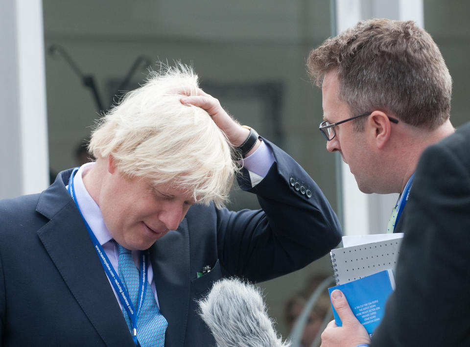 The Mayor of London Boris Johnson gives an interview outside Manchester Central during the Conservative Conference 2013.