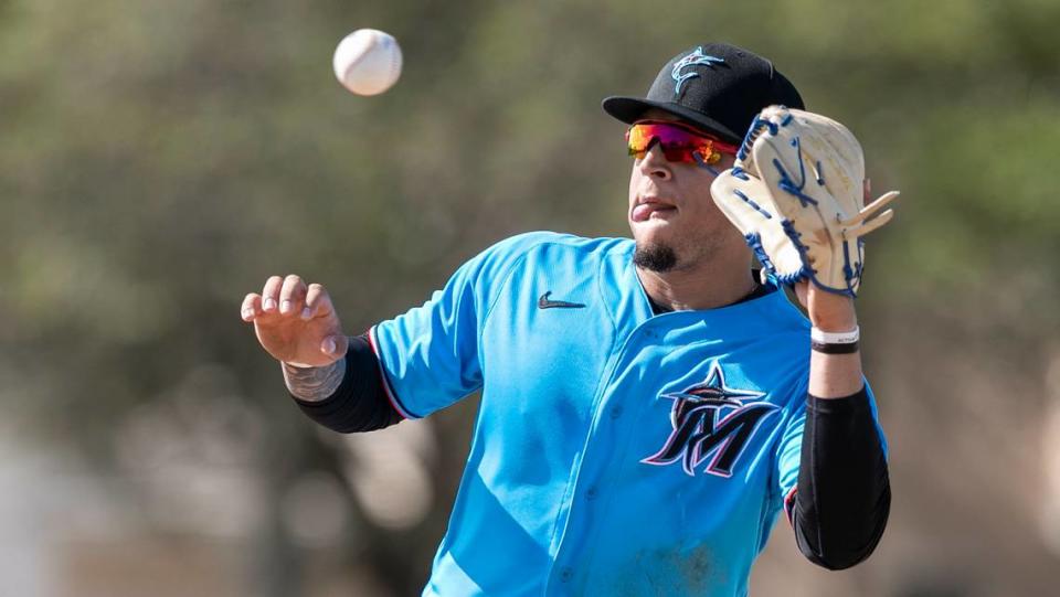 Miami Marlins second baseman Isan Diaz (1) fields a ball during Miami Marlins spring training at the Roger Dean Chevrolet Stadium in Jupiter on Tuesday, February 18, 2020.