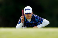 Nasa Hataoka, of Japan, plans her shot onto the 12th green during the first round of the ShopRite LPGA Classic golf tournament, Friday, June 10, 2022, in Galloway, N.J. (AP Photo/Matt Rourke)