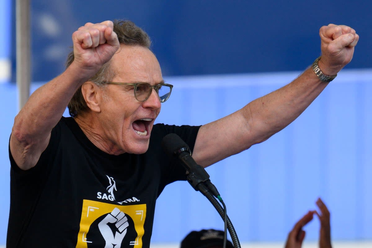 Byran Cranston delivered an impassioned speech at the SAG-AFTRA strike rally in New York on Tuesday (AFP via Getty Images)