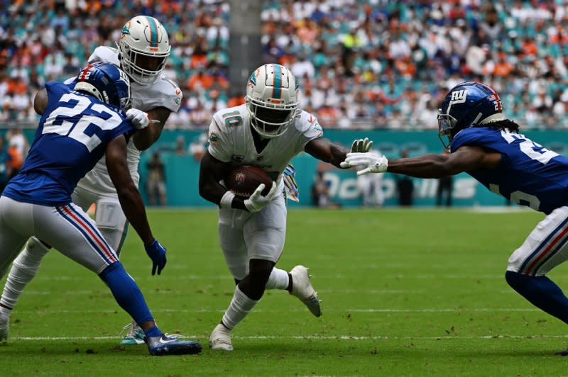 Miami Dolphins wide receiver Tyreek Hill runs the ball against the New York Giants on Sunday at Hard Rock Stadium in Miami Gardens, Fla. Photo by Larry Marano/UPI