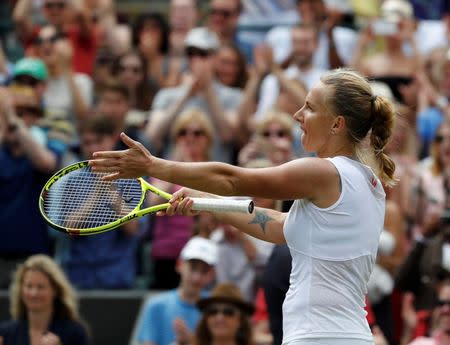 Britain Tennis - Wimbledon - All England Lawn Tennis & Croquet Club, Wimbledon, England - 3/7/16 Russia's Svetlana Kuznetsova celebrates winning her match against USA's Sloane Stephens REUTERS/Stefan Wermuth