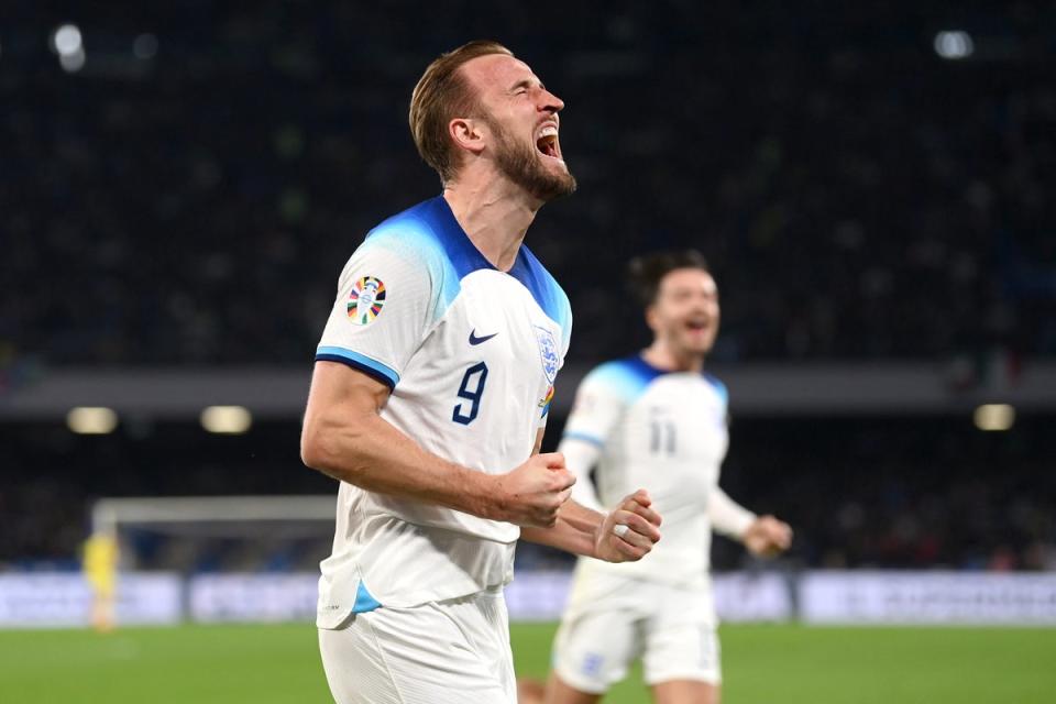 Harry Kane celebrates after scoring England’s second goal against Italy (Getty Images)