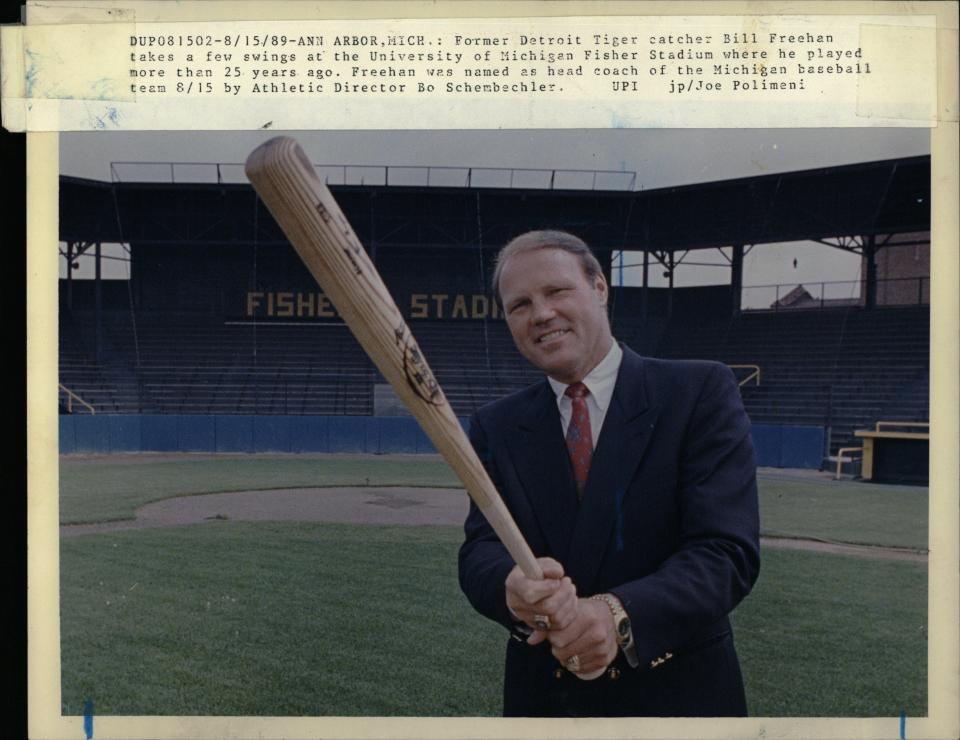 Former Tigers catcher Bill Freehan takes a few swings at the University of Michigan as the new baseball coach on Aug. 15, 1989.