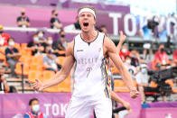 <p>TOKYO, JAPAN - JULY 27: Thibaut Vervoort of Team Belgium celebrates victory in the 3x3 Basketball competition on day four of the Tokyo 2020 Olympic Games at Aomi Urban Sports Park on July 27, 2021 in Tokyo, Japan. (Photo by Christian Petersen/Getty Images)</p> 