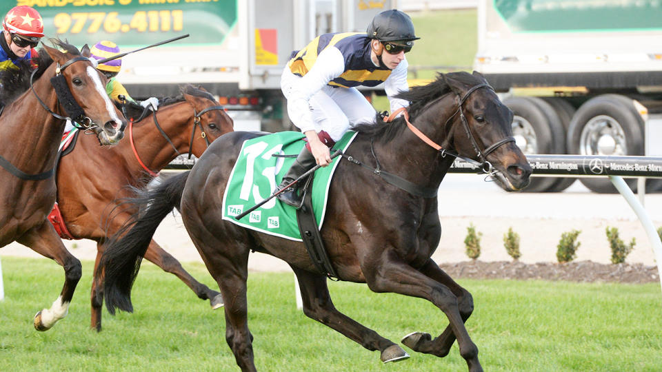 Fred W Kersley, pictured here riding Future Score in the Cranbourne Cup in 2020.