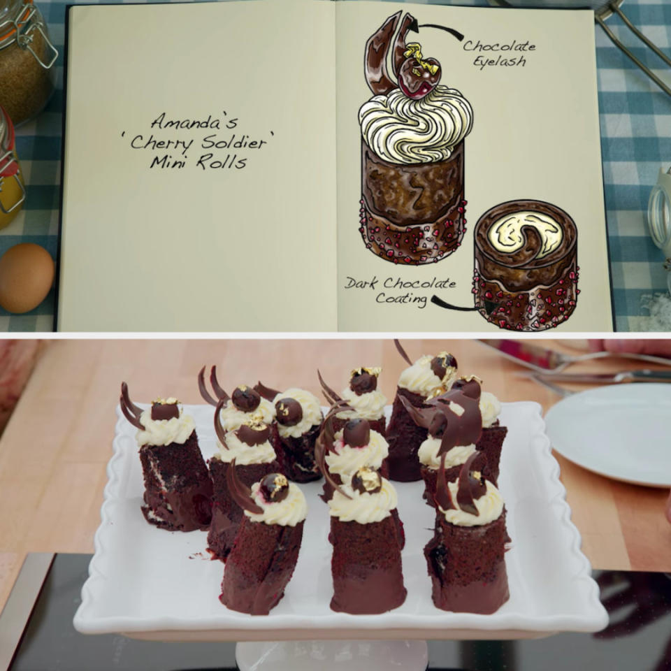 Amanda's vertical standing mini rolls decorated with a chocolate eyelash and dark chocolate coating side by side with their drawing