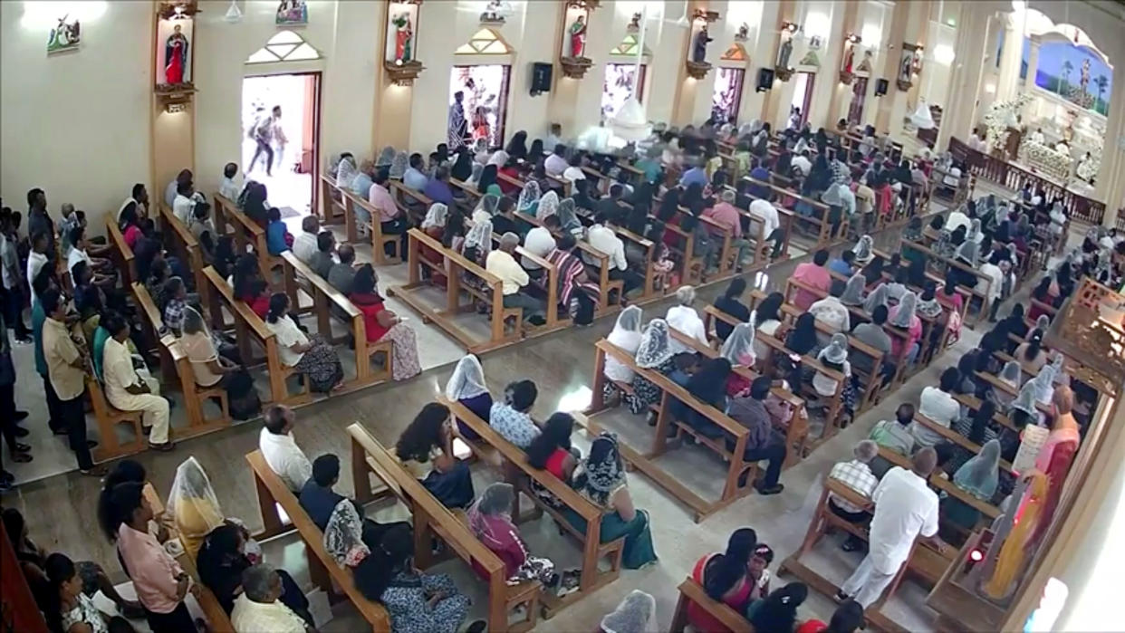 A suspected suicide bomber enters St. Sebastian's Church in Negombo, Sri Lanka on April 21, 2019 in this still image taken from a CCTV handout footage of Easter Sunday attacks released on April 23, 2019. (Photo: CCTV/Siyatha News via Reuters)