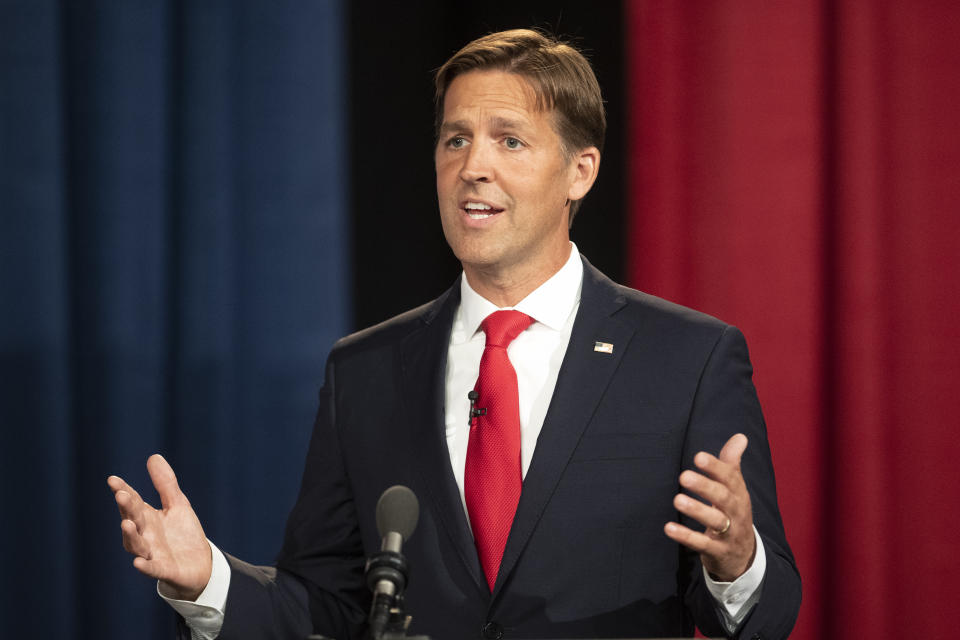 Republican Sen. Ben Sasse, R-Neb. speaks during a televised debate against Democratic challenger Chris Janicek at NET, Friday, Sept. 4, 2020, in Lincoln, Neb. (Justin Wan/Lincoln Journal Star via AP)