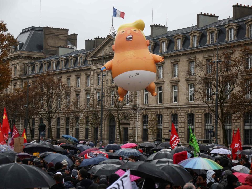 Trump baby balloon flies in Paris for US president's Remembrance Day visit