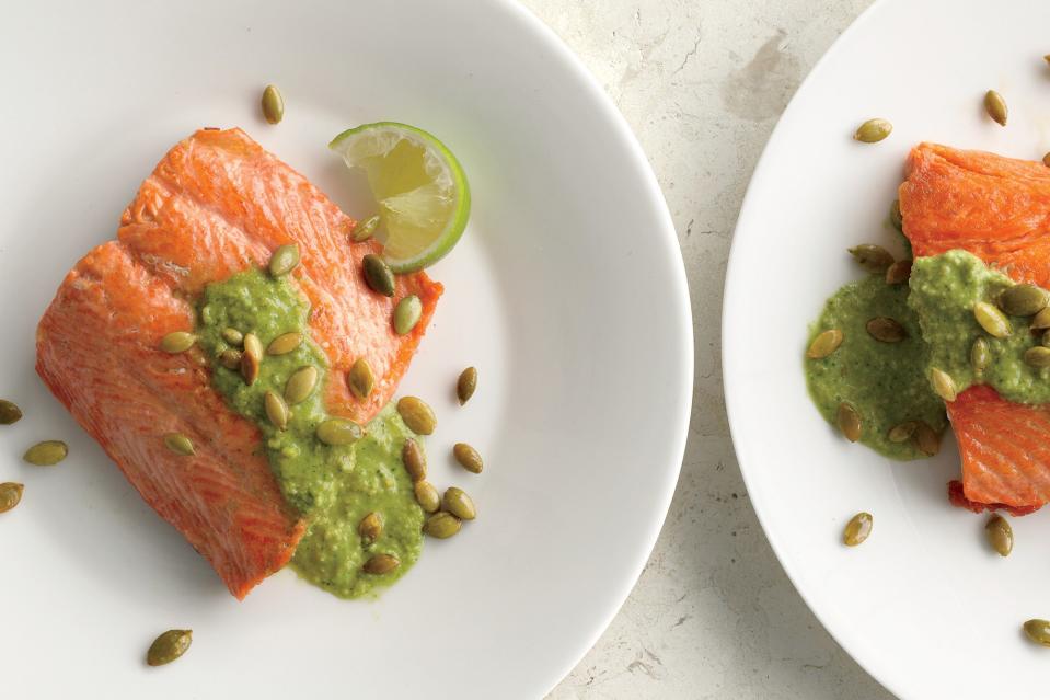 Pan-Seared Salmon with Pumpkin Seed-Cilantro Pesto