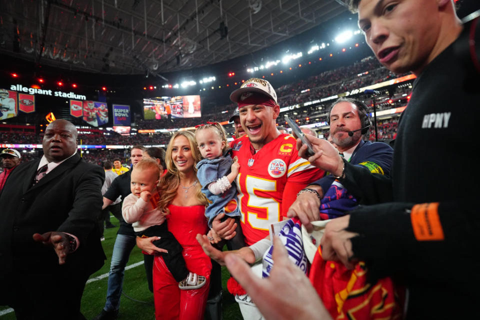 Football: Super Bowl LVIII: Kansas City Chiefs Patrick Mahomes (15) poses with wife Brittany Mahomes and their children Patrick Bronze and Sterling Skye following victory vs San Francisco 49ers at Allegiant Stadium. Las Vegas, NV 2/11/2024 CREDIT: Erick W. Rasco (Photo by Erick W. Rasco/Sports Illustrated via Getty Images) (Set Number: X164496 TK1
