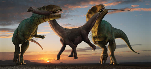 Robert Nicholls captures dinosaur death in all its glory; working together, two <em>Carcharodontosaurus saharicus</em> steal away a juvenile <em>Parilatitan stromeris</em> from its family herd. Living during the Upper Cretaceous, the giant 