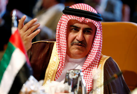 FILE PHOTO: Bahrain's Foreign Minister Khalid bin Ahmed Al Khalifa attends the Arab Foreign meeting in Riyadh, Saudi Arabia April 12, 2018. REUTERS/Faisal Al Nasser/File Photo